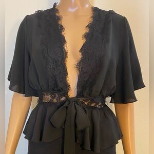 Women SHEIN Black Short Sleeve V Neck w/ Lace Trim Front Tye Frilly Blouse